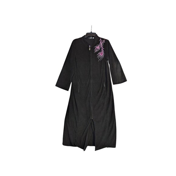 Bob Mackie Wearable Art Black Embroidered Housecoat Robe W/ Zip & Pink Heart Des - Picture 1 of 10